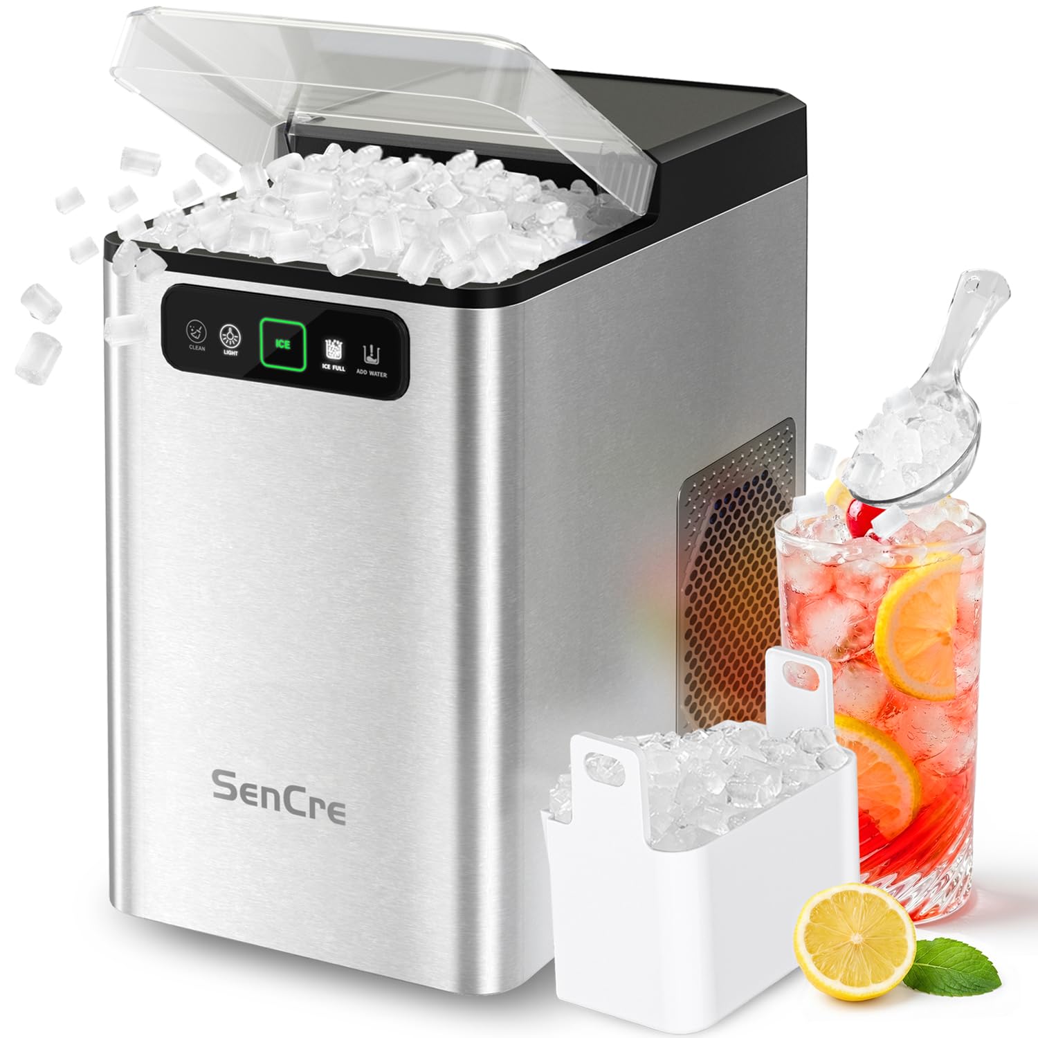Photo 1 of SenCre Nugget Ice Maker Countertop 40Lbs/24H Soft Chewable Ice Machine Pellet Crushed Ice Makers, One-Click Operation Auto Self-Cleaning Stainless Steel with Scoop for Home Kitchen Office, Silver