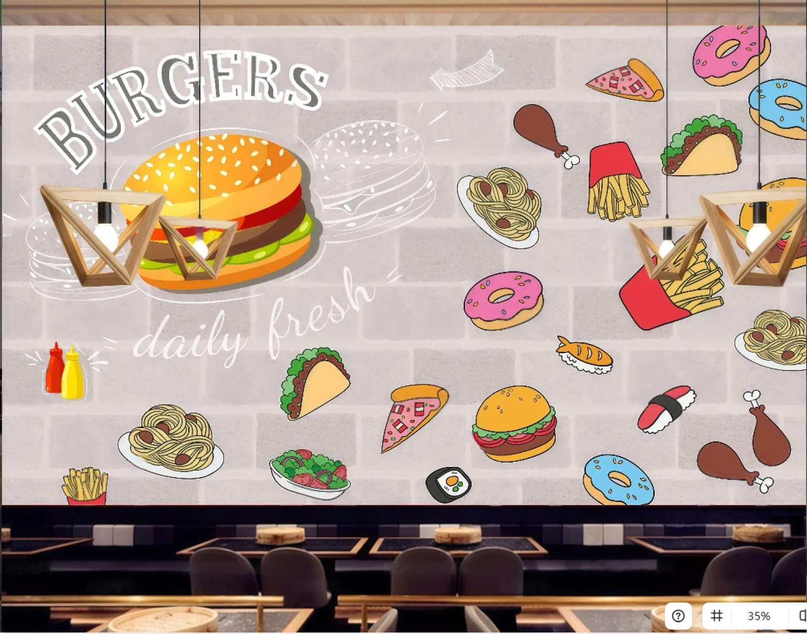 XDOUBAO Wallpaper Nostalgic Brick Wall Hand-Painted Burger Pizza Fast Food Restaurant Dessert Afternoon Tea Western Restaurant Background Wall Wallpaper Coffee Shop Mural,3D,250x175cm