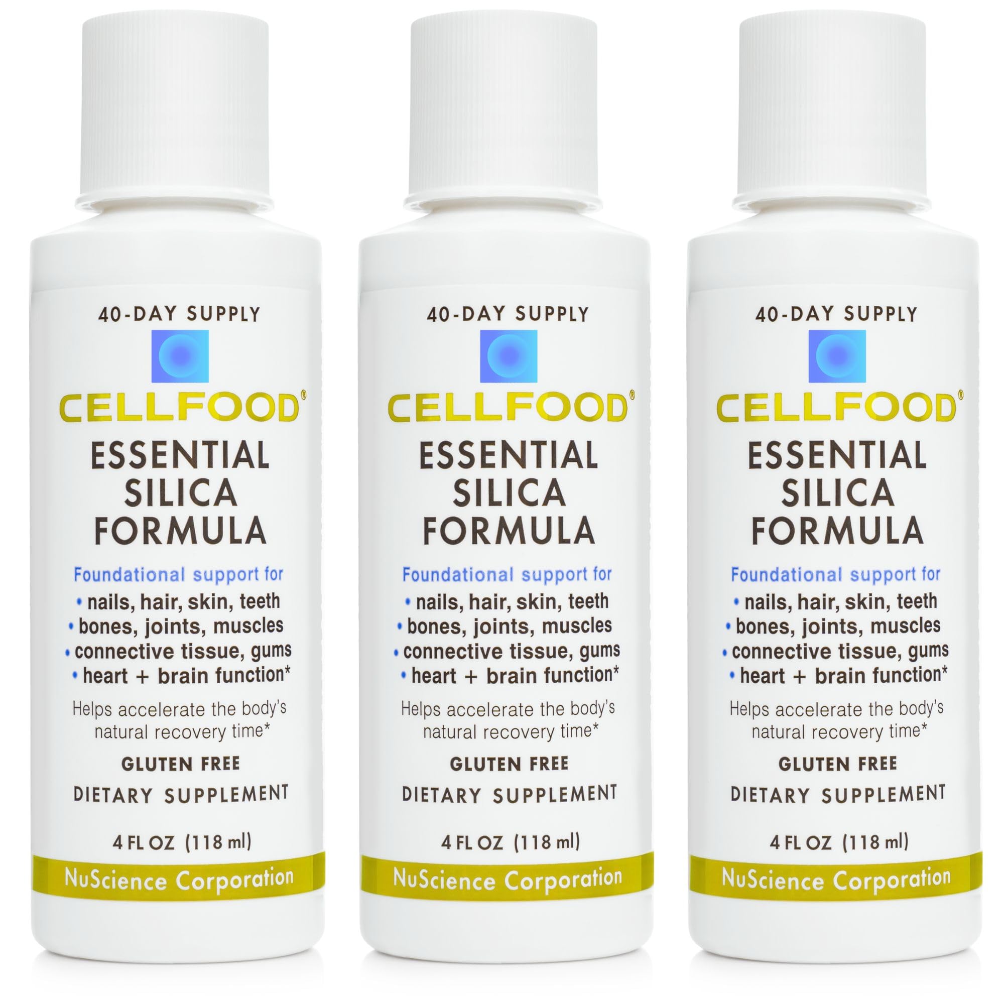 Cellfood Essential Silica Anti-Aging Formula - 4 fl oz, 3 Pack - Supports Healthy Bones, Joints, Hair, Skin, Nails, Teeth & Gums - Easy to Absorb - Gluten & Thiaminase Free, Non-GMO - 120-Day Supply 4 Fl Oz (Pack of 3)