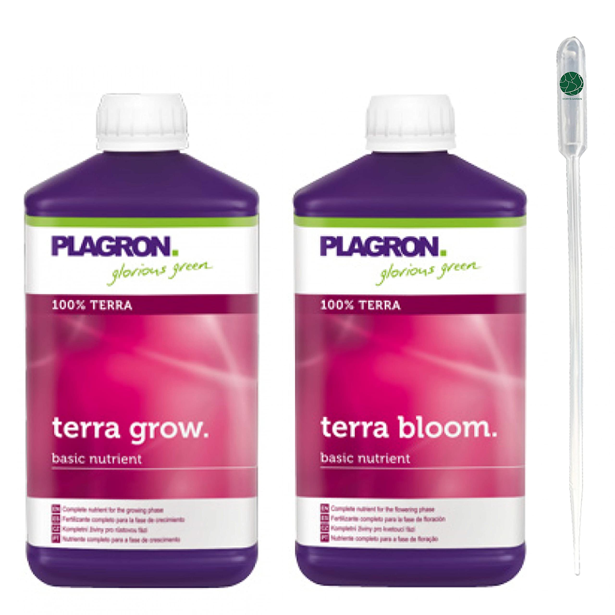Plagron Terra Grow + Terra Bloom je 1 L Wachstum und Blüte Dünger Set Fertilizer für Erde Substrat wie Grow Mix Light Mix Starter Pack Indoor Outdoor Tomaten Blumen Chili Pflanzen