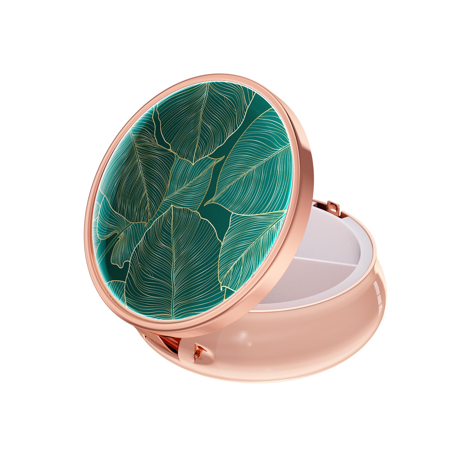 Rouidr Pill Box, 3 Compartment Medicine Pill Case, Small Metal Travel Medicine Box for Purse & Pocket, Rose Gold, Tropical Leaf
