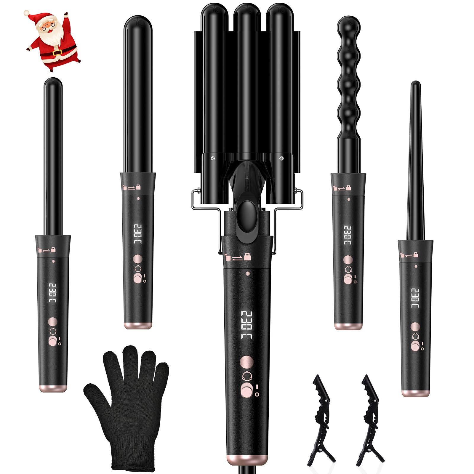 GAOEEIN Rizador Pelo Ondas Plancha Ondas,5 en 1 Rizador De Pelo con Pantalla LCD Temperatura Regulable,Cerámica Ondulador de Pelo Calentamiento Rápido,Pinzas Rizadoras 3 Barriles con Guante y 2 Clips