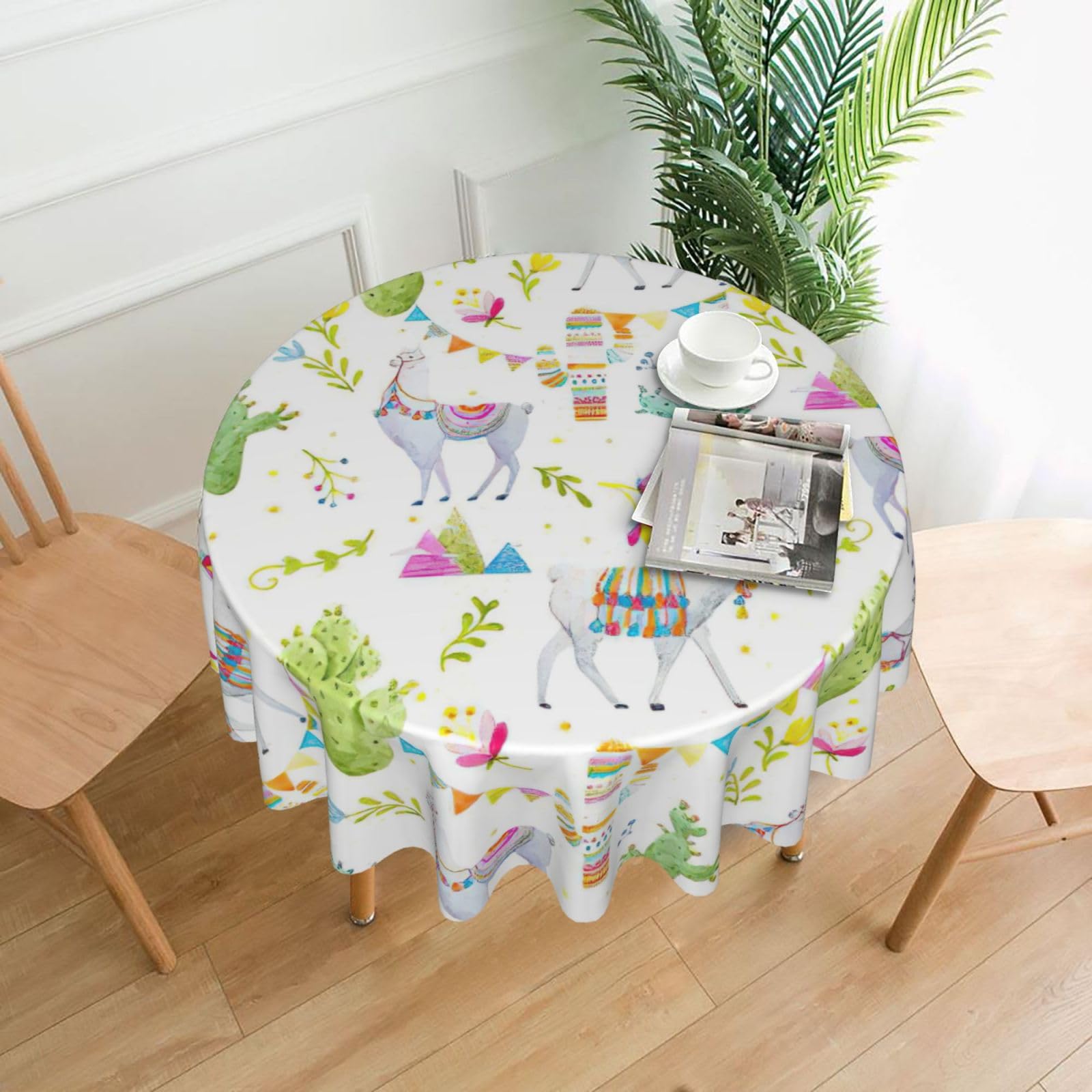 Uusnwaa Alpaca Llama Cactus Flag Mountain Print Round Tablecloth 60 Inch, Stain Wrinkle Resistant Washable Polyester Table Cover For Kitchen Party