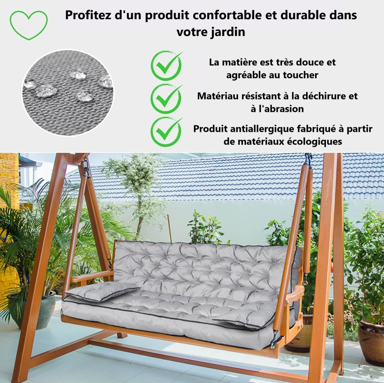Ensemble de Coussins de Jardin pour Banc balançoire Hollywood, Coussins matelassés avec Passepoil, Sangles de Fixation, étanche, Taille XL, Coussin d’Assise