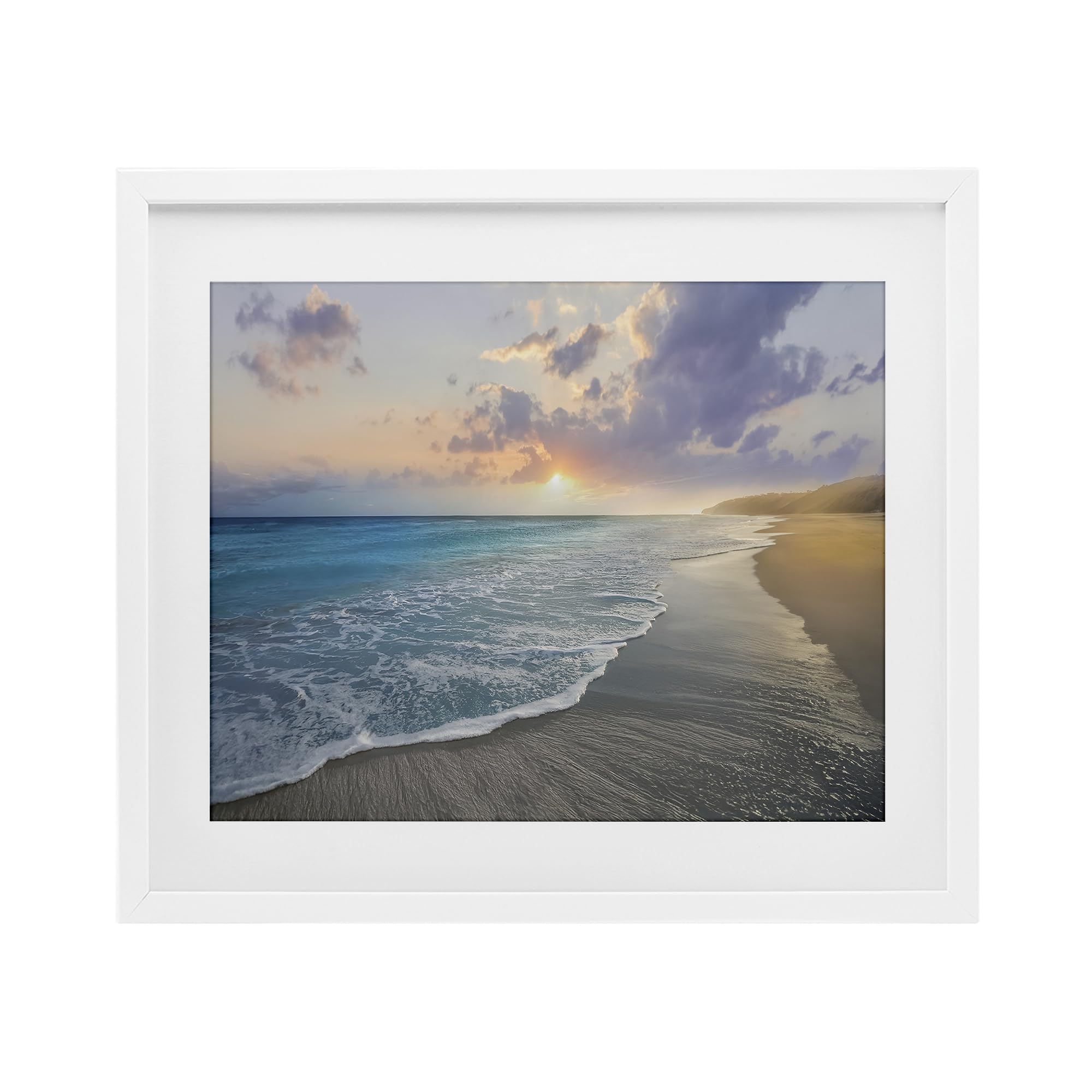 Stupell Industries Golden Sunset Coastal Horizon 'Sunset Over Tranquil Coast', Framed Print Under Glass, White, 21 X 17 Inches, Easy To Hang And Sturdy, Made In Usa, By Mike Calascibetta