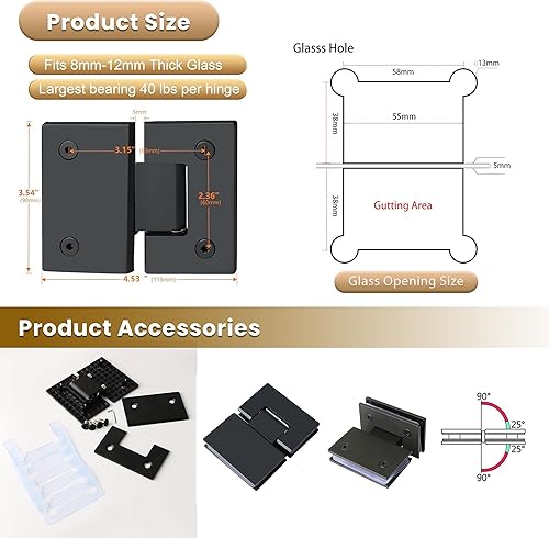 Miniatura 2 de Alise Bisagras de puerta de ducha de vidrio, bisagras de puerta de ducha de 180 grados para puertas de vidrio, bisagras de gabinete de acero
