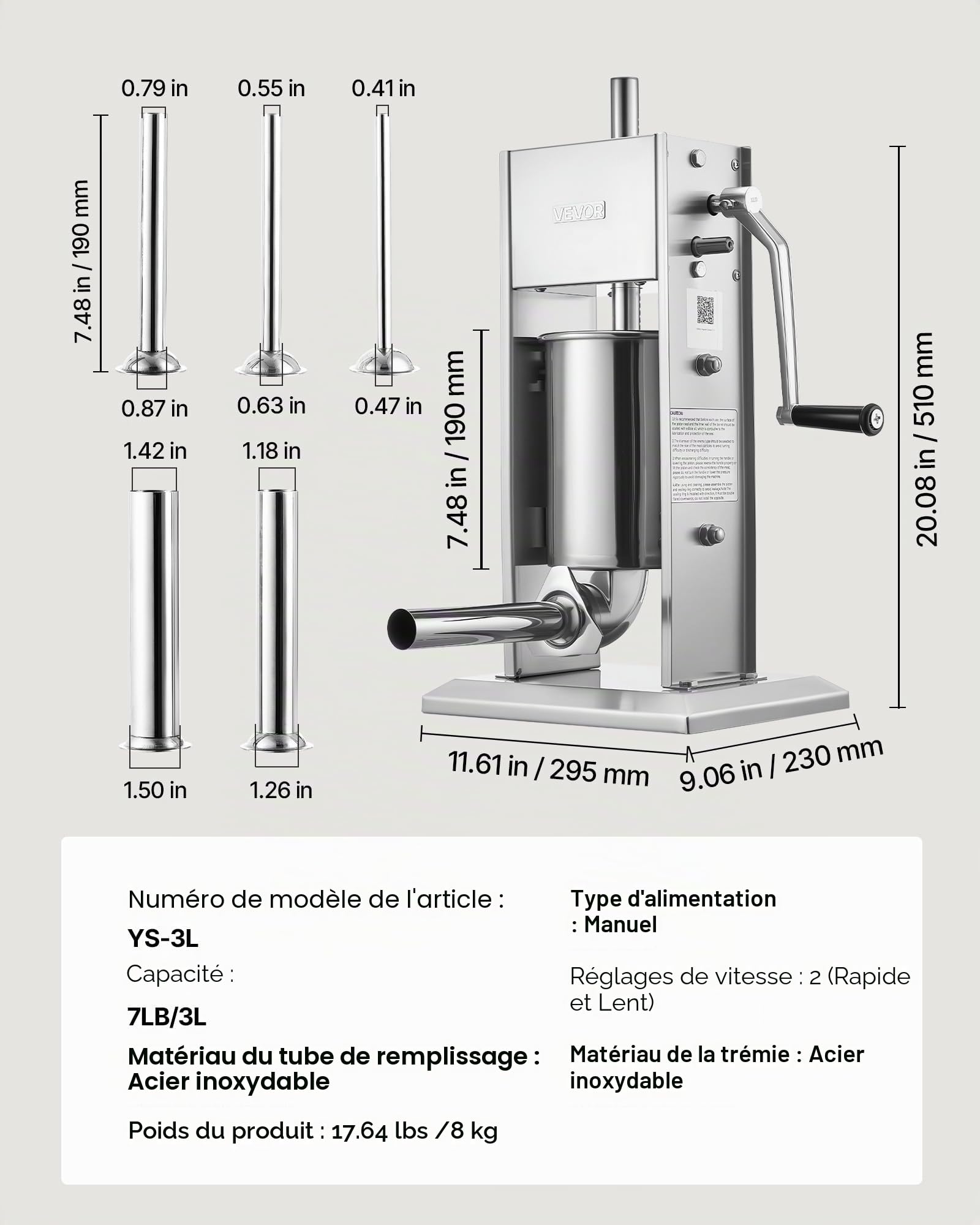 VEVOR Poussoir à Saucisses Manuel 3 L, Machine à Saucisses Verticale, Appareil pour Remplissage de Saucissons Restaurant Boucherie Maison, en Acier Inoxydable, Deux Vitesses, 5 Tubes de Remplissage