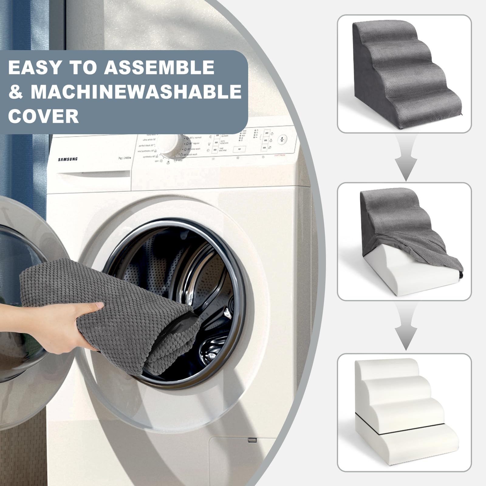 Scaletta Per Cani 4 Gradini - Rampa Antiscivolo Con Rivestimento Rimovibile Per Letti E Divani - Foto 7