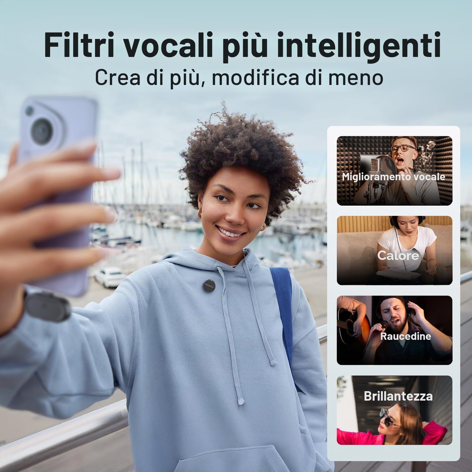 MAONO Wave T5 Mini Microfono Wireless per Smartphone (USB-C) - Microfono Lavalier 48kHz/24Bit, 30h di Autonomia, 300m di Raggio e Riduzione del Rumore. Mini Microfono per Vlog e Streaming su YouTube