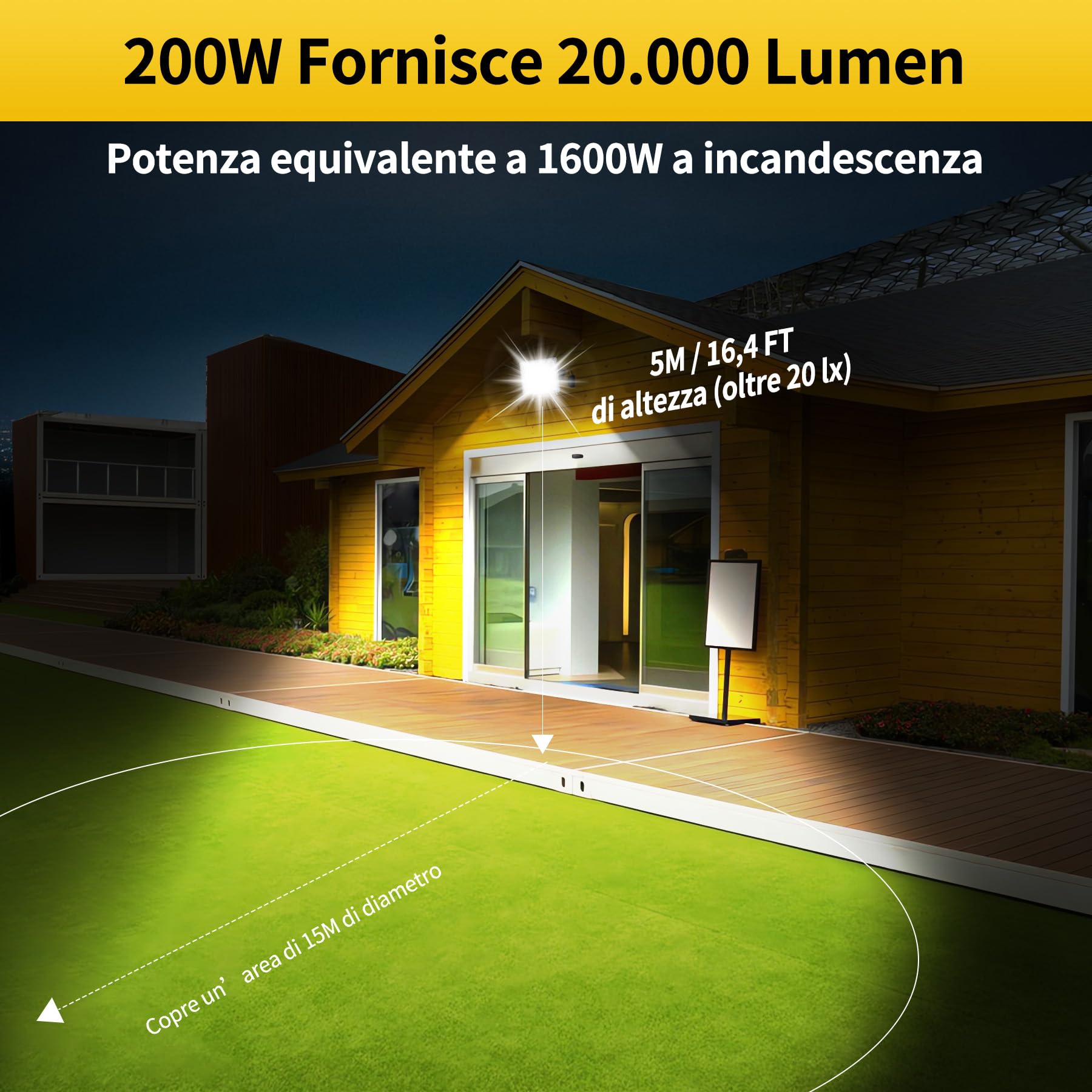 Faretto LED da Esterno 200W, IP66 Impermeabile Luce Bianca Fredda 6500K Faro LED Con Spina Schuko,20000 Lumen,220-240V AC 50Hz
