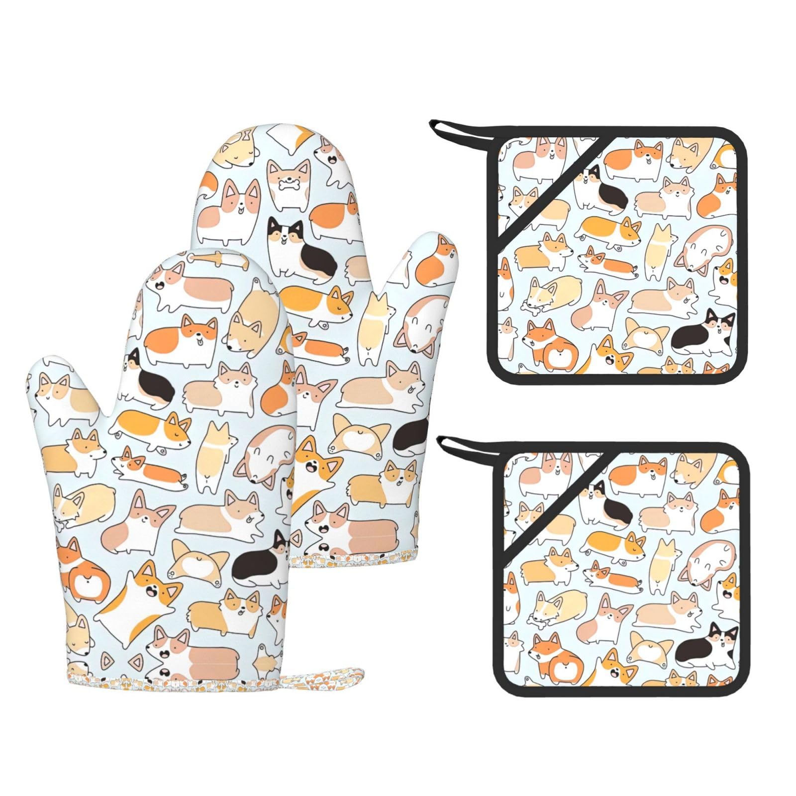 Corgi Pattern Trendy Printed Kitchen Set with Heat Resistant Gloves & Non-Slip Hot Pads for Baking & Grilling