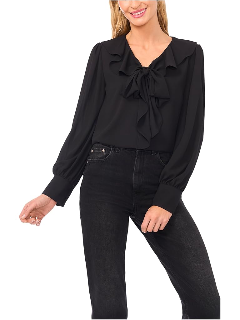 Black CeCe Long Sleeve Ruffle Tie Neck Top