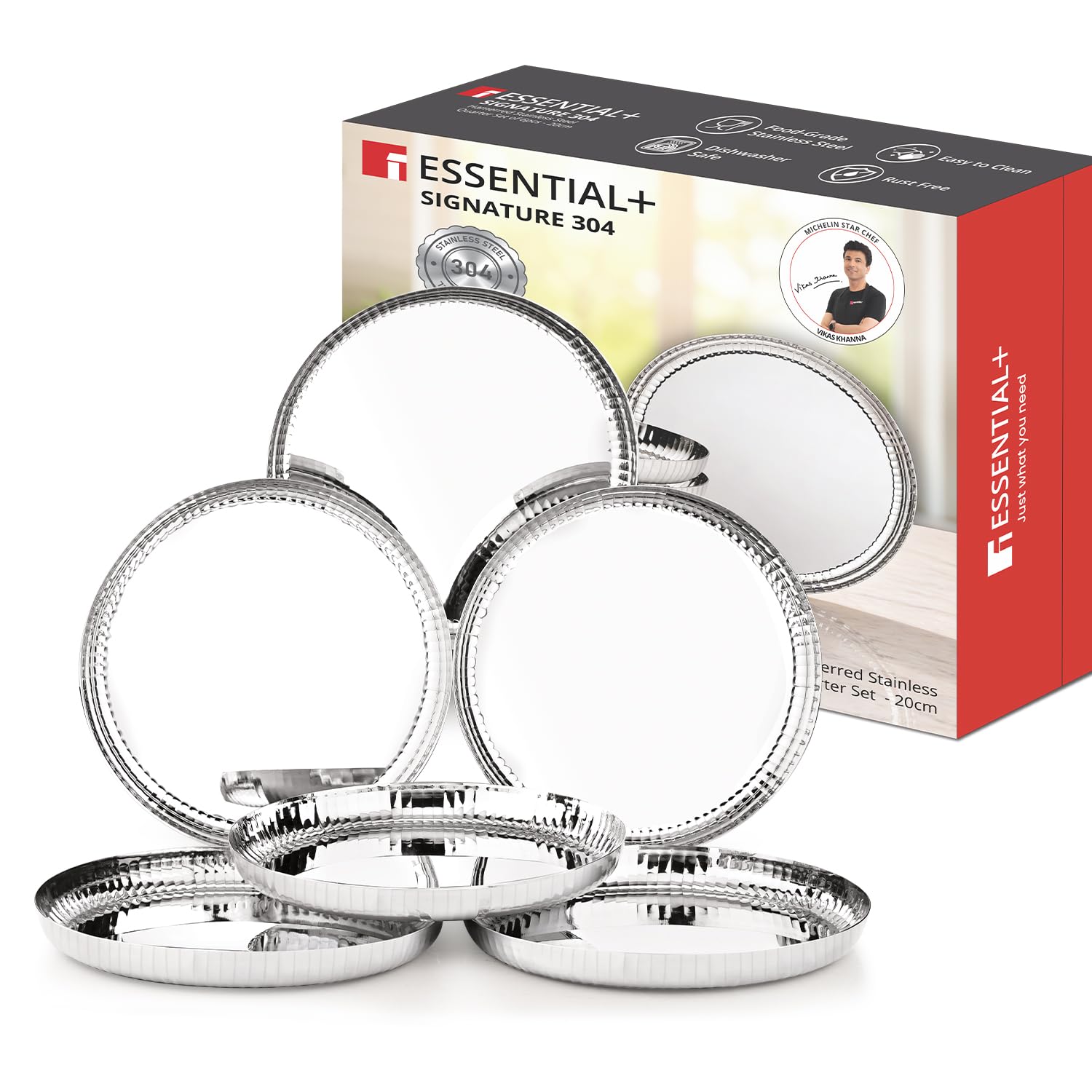 BERGNER Signature 304 Stainless Steel Quarter Plates 6 Pcs Set, Hammered Design, 20cm Dia, Snack Plate/Nasta Plate, Food Grade, Mirror Finish, BPA Free, Plates for Daily Use, Heavy Gauge (Silver)-picture-31