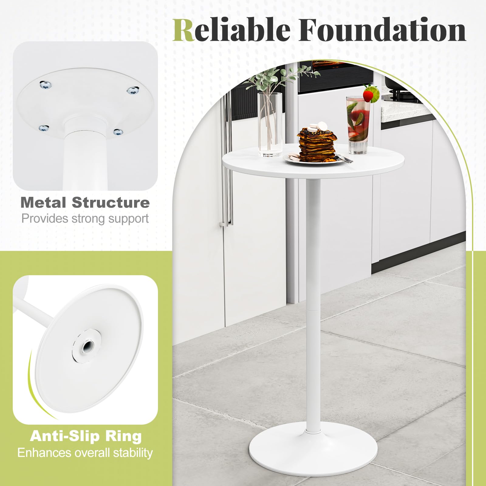 LIFEZEAL Tavolo da Bar Alto, Rotondo, Tavolino da Cocktail, da Divano, Altezza Regolabile, Telaio in Acciaio, Moderno, Pub, Bistrot, Cucina, Soggiorno, Balcone, 60x56-101,5cm, Max 55kg (2, bianco)