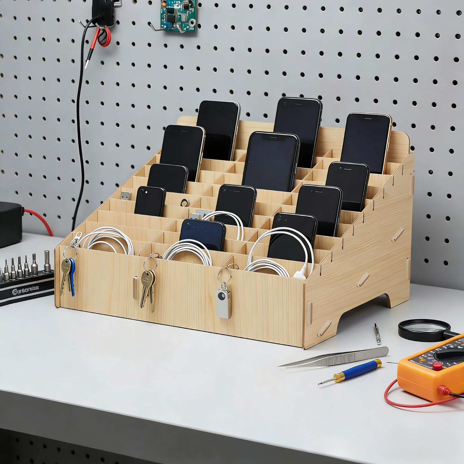 SOIMISS Handy-Aufbewahrungsbox mit 30 Fächern – Handyhalter aus Holz für Klassenzimmer, Schulungen & Seminare – Smartphone-Ablagebox – Telefon Organisator für Klassenzimmer & Büro (30)