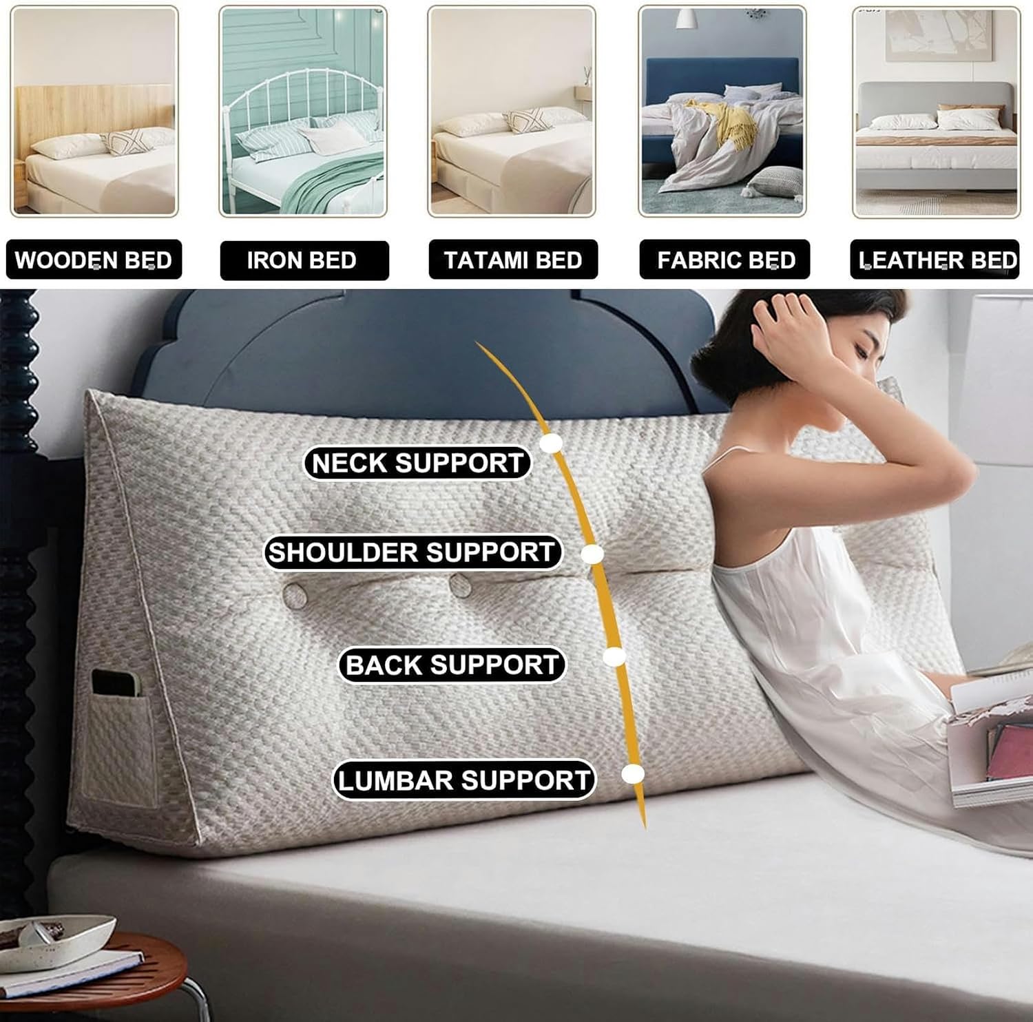 Large Reading Wedge Pillow,Solid Color Headboard Cushion Triangular Backrest,Triangle Bed Rest Bolster Daybed Bunk Bed Dorm Cushion with Removable Cover