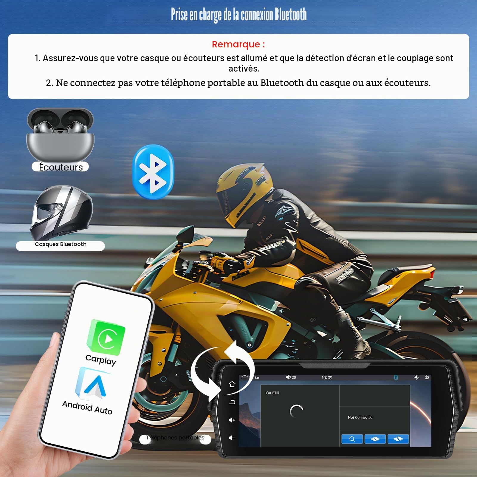 【2025 Nouveau】 CAMECHO Écran sans Fil Carplay Moto 6.86 Pouces avec caméra arrière AHD × 2, navigateur de Voiture avec CarPlay sans Fil Android Auto Lien Miroir Bluetooth IP67 étanche 12V
