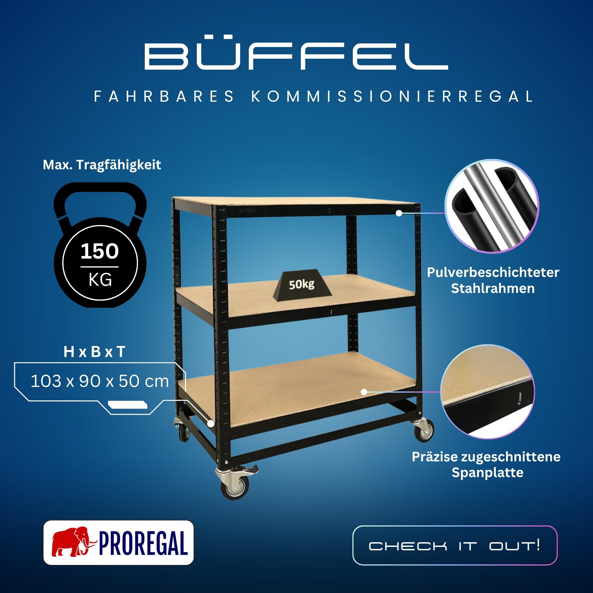 PROREGAL Kommissionierwagen BÜFFEL Fahrbares Kommissionierregal, 100x90x50cm, 3 Ebenen, Fachlast 50kg, 4 Lenkrollen, Davon 2 mit Feststellbremse, Schwarz, Regal auf Rollen, Regalwagen