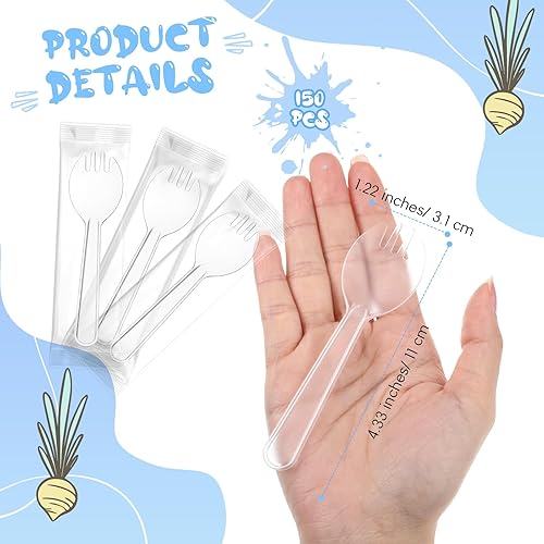Miniatura 2 de Tioncy 150 tenedores desechables de plástico envueltos individualmente de 4.5 x 1.26 pulgadas, juego de tenedor y cuchara 2 en 1, utensilios