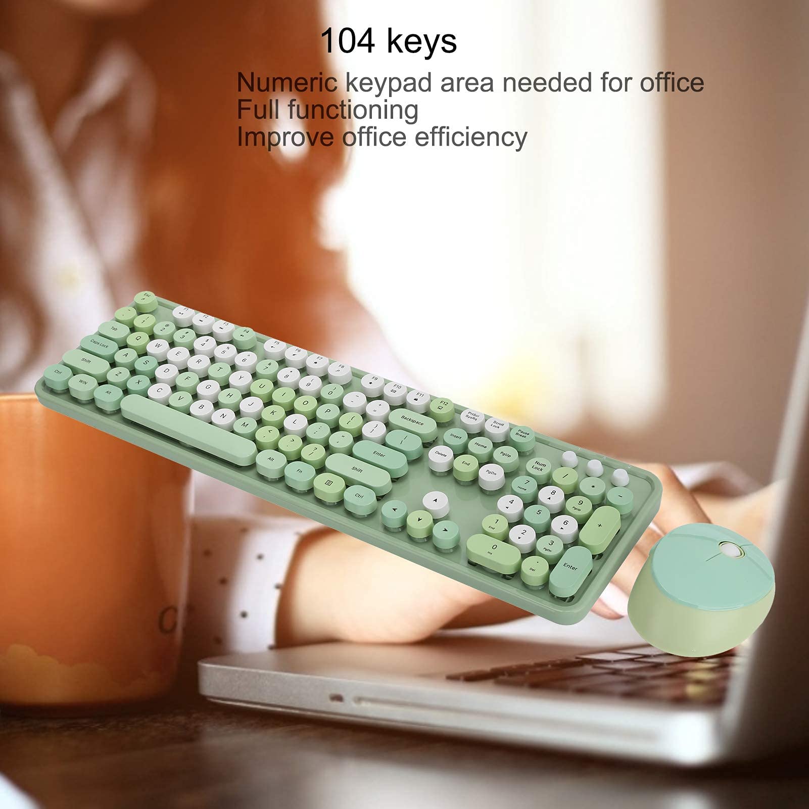 Bezprzewodowa Klawiatura i Mysz, Bezprzewodowa Klawiatura i Mysz 2,4 Ghz 104 Klawiszowa, Styl Retro Maszyny do Pisania, Konstrukcja z Wysokim Klawiszem, Pulpit Biurowy Urocza Klawiatura (Zielony)