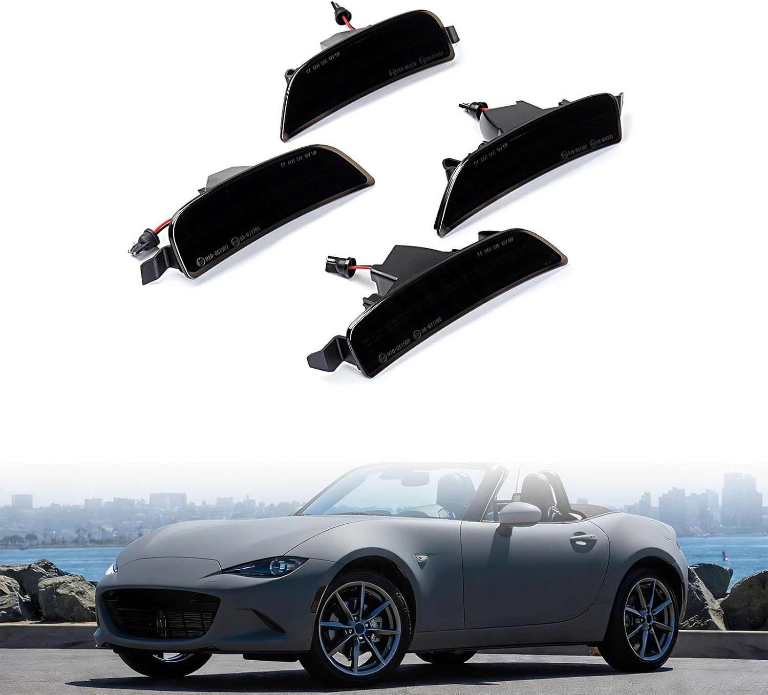 4pcs Fender Wheel Arch Side Marker Lights for Mazda MX-5 Miata, GS-P GS GT GX I Sport RF Club i Grand Touring Trims, Smoke Lens White LED, Bumper Parking Signal, NA1J-51-5J0C / NA1J-51-5H0C