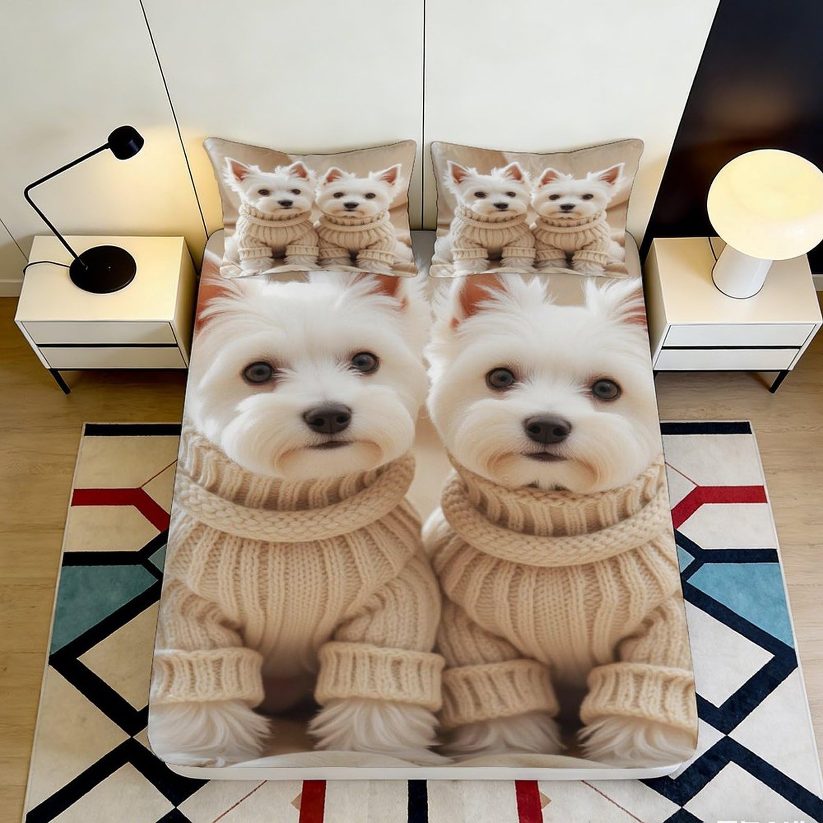 3D Printed Puppy in Sweater Fitted Sheet Microfiber Soft Breathable Kitten Bed Cover for Bedroom Guest Room Decor 90x200x25cm