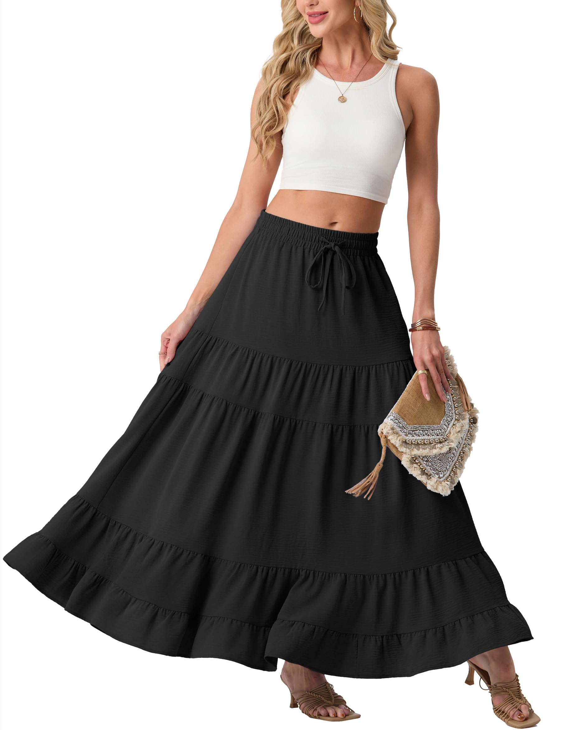 IWOLLENCE Gonna estiva da donna, lunga, leggera e ariosa, con tasche, con coulisse, leggera, traspirante