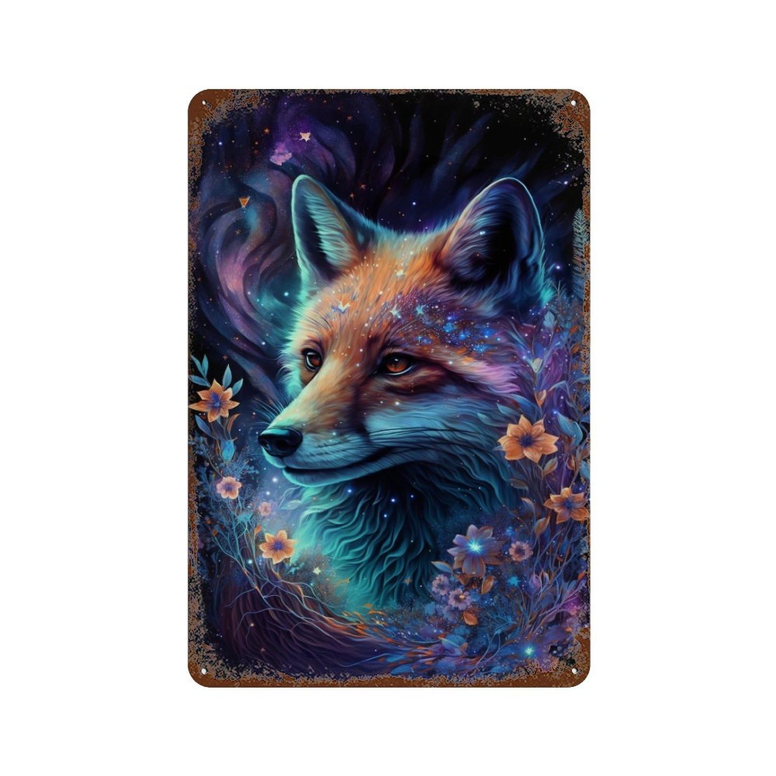 Magical Fox Fantasy Artwork 11.8"x7.9" Weathered Tin Sign, Shabby Chic Decor for Farmhouse, Kitchen And Entryway Decor