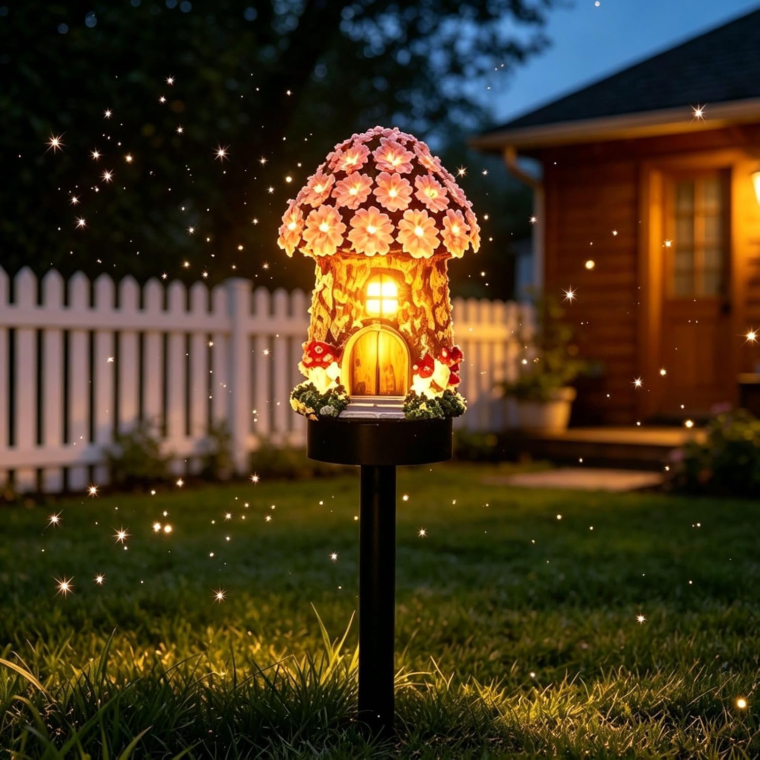 Fairy-Tale Mushroom House Solar Lights Outdoor, Fairy House Garden Stake Lights Fairy-Tale, Resin Mushroom Cottage Figurines, Auto On/Off Landscape Pathway Light for Yard Patio Lawn (C)