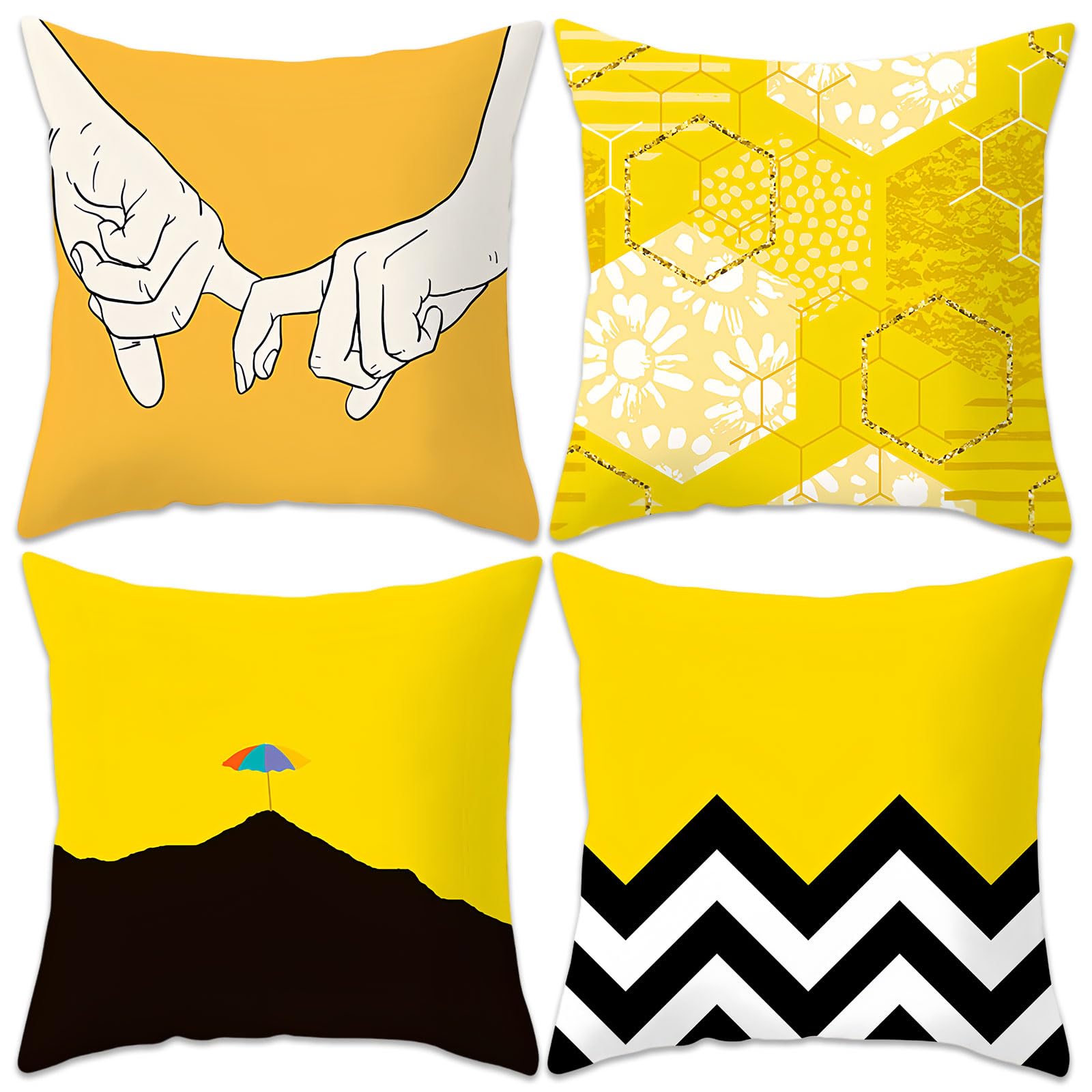 Betadistor Yellow Cushion Covers 18x18 Inches Soft Throw Pillow Covers 45cm x 45cm Hand in Hand Print Polyester for Sofa Bedroom Set of 4pcs