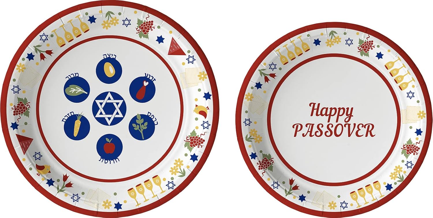 Traditional Passover Tableware Pack: Disposable Paper Plates, Napkins and Cups Set for 20