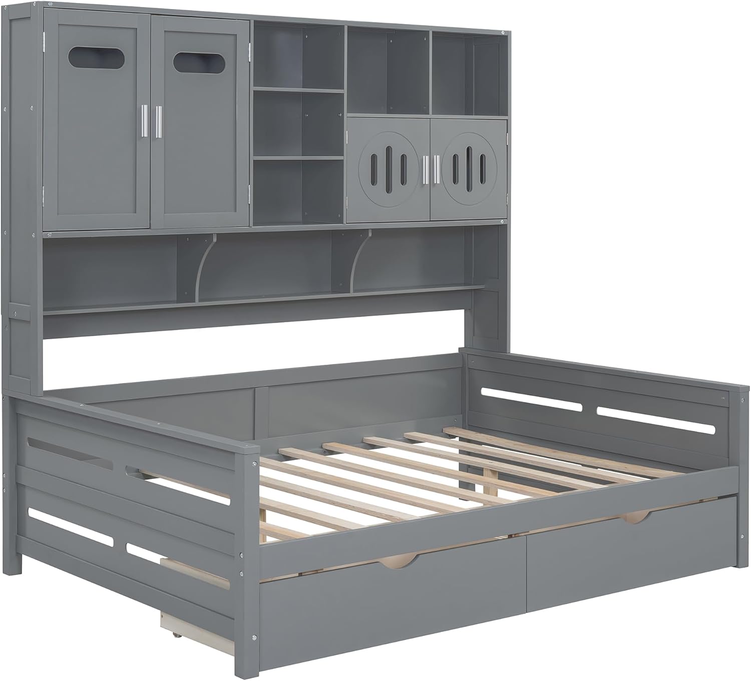 Merax Full Size Wooden Daybed with 2 Drawers, and All-in-One Cabinet and Shelf, Gray