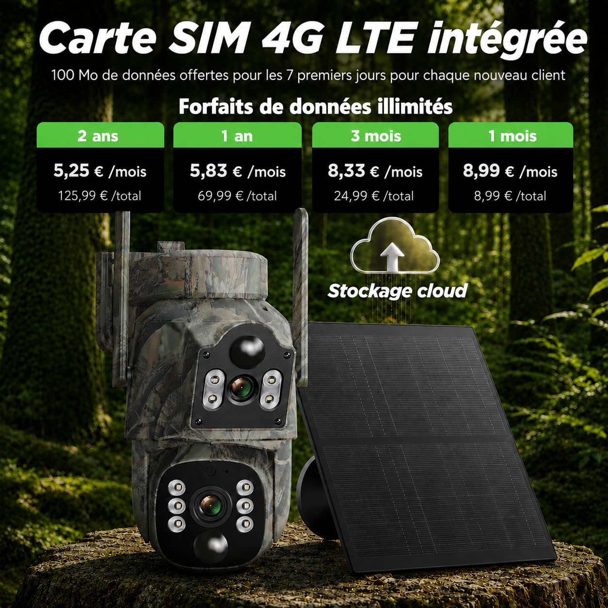 VOOPEAK Caméra de sécurité cellulaire 4G LTE, Double Objectif PTZ 360° avec Suivi Automatique, caméra Solaire sans Fil pour extérieur avec Carte SIM, Vision Nocturne Couleur 2K HD, étanchéité IP66