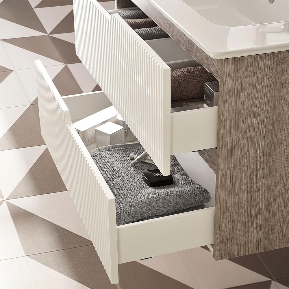 Mobile Bagno Sospeso PORTO - Bianco/Olmo, 2 Cassetti Soft-Close, Lavabo Ceramica, Specchio LED 80x60 Cm