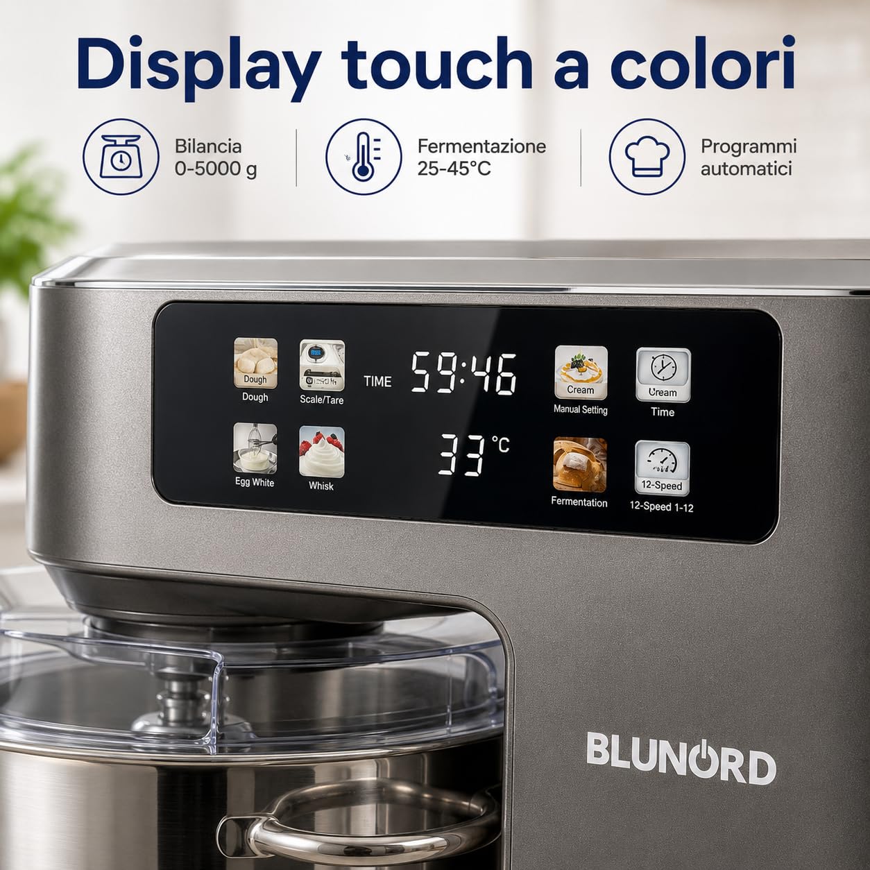 Planetaria 8 Litri BLUP4975 DELUXE, Impastatrice Planetaria 2100W con Bilancia Integrata, Display Touch a Colori, 12 Velocita, Fermentazione 25-45 C, Ciotola Inox e 3 Accessori