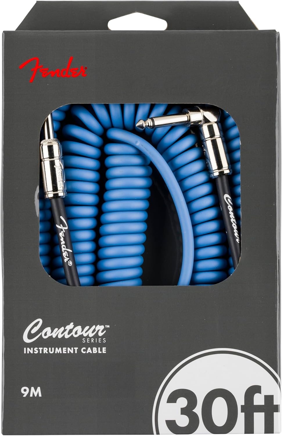 Fender Contour Coiled Instrument Cable, Guitar Accessories, Straight/Angle, Lake Placid Blue, 30 ft