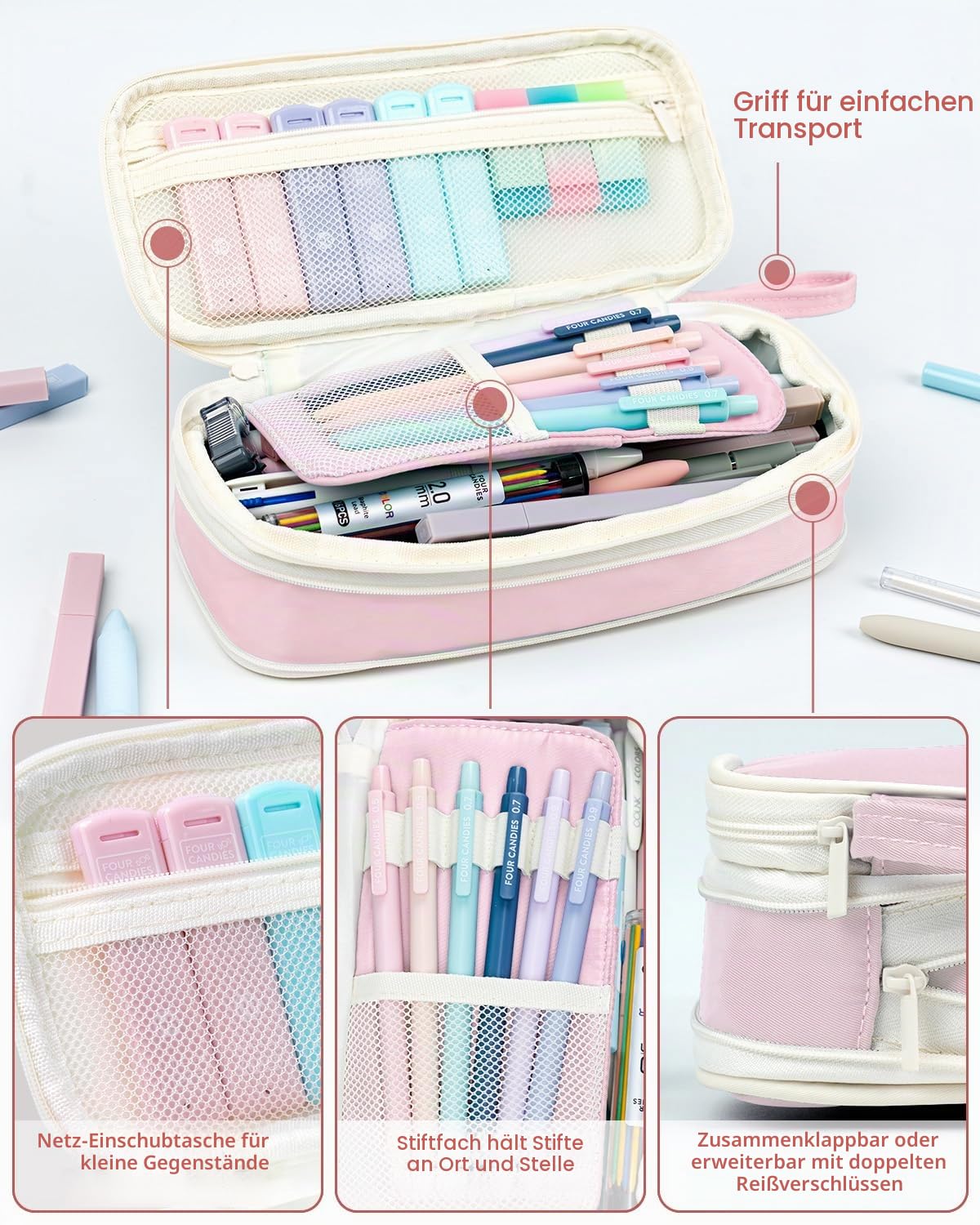 Four Candies 56 PCS Ästhetisches Schulmaterial mit Federmäppchen, 6 farbigen Kugelschreibern, 12 pastellfarbenen Textmarkern, 5 Gelschreibern mit schwarzer Tinte, 9 Druckbleistiften 0,5-2,0 mm(Rosa)