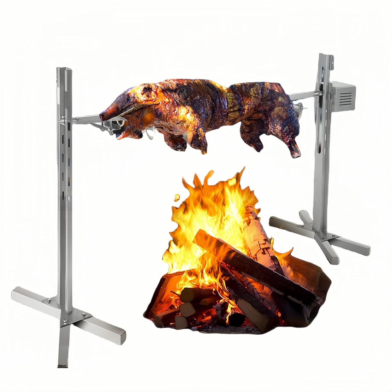 110V Electric BBQ Rotisserie Grill 53In Stainless Steel Pig Spit Roaster Height Adjustable BBQ Roaster Stand Outdoor Electric Rotisserie Grill Stand with 25W Motor, 360° Rotation