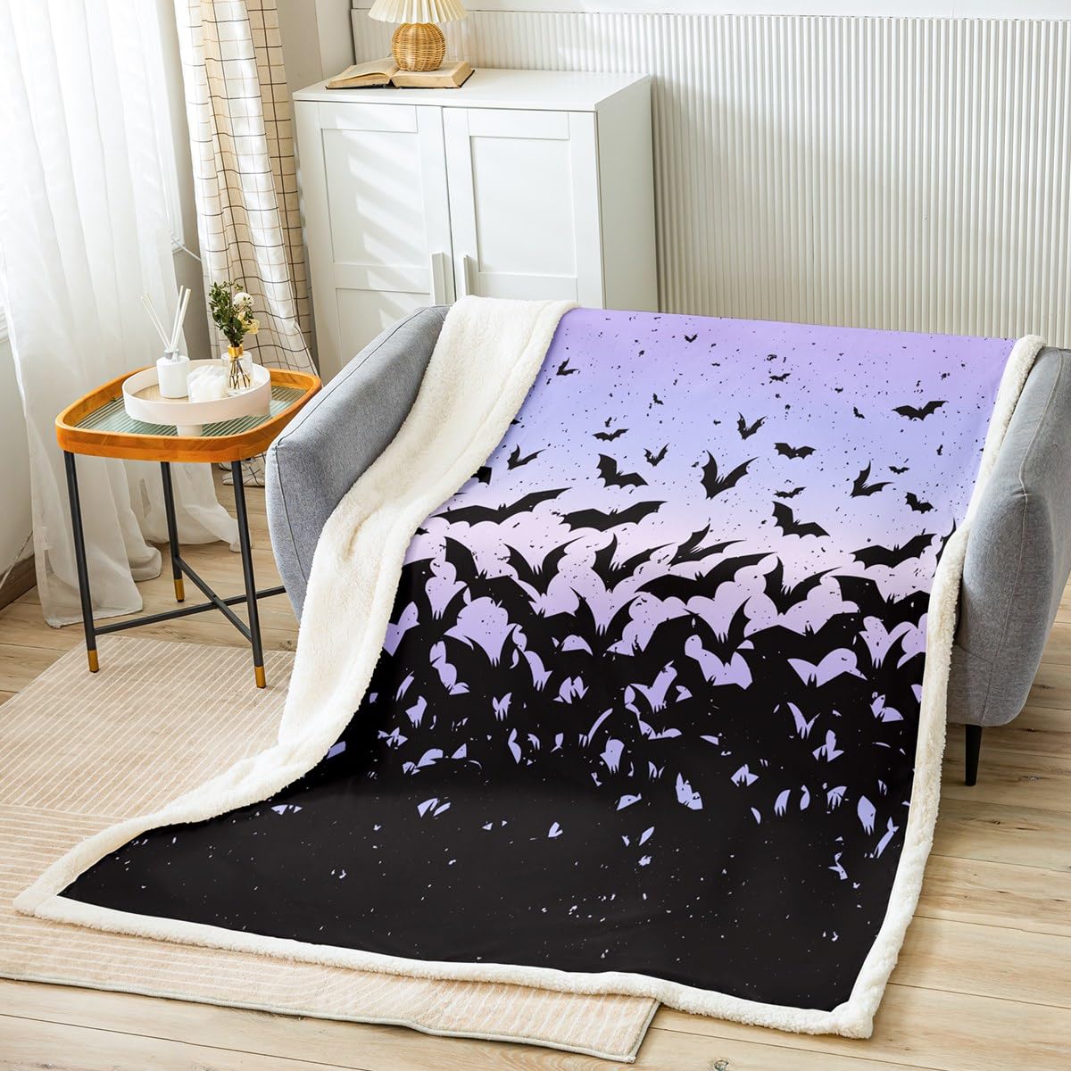 Happy Halloween Kids Throw Blanket,Black Bats Gothic Chic Bed Blanket for Boys Girls Adults,Blue Purple Ombre Romantic Fleece Blanket,Simple Style Fuzzy Blanket,Queen Size (90 x 90 Inches)