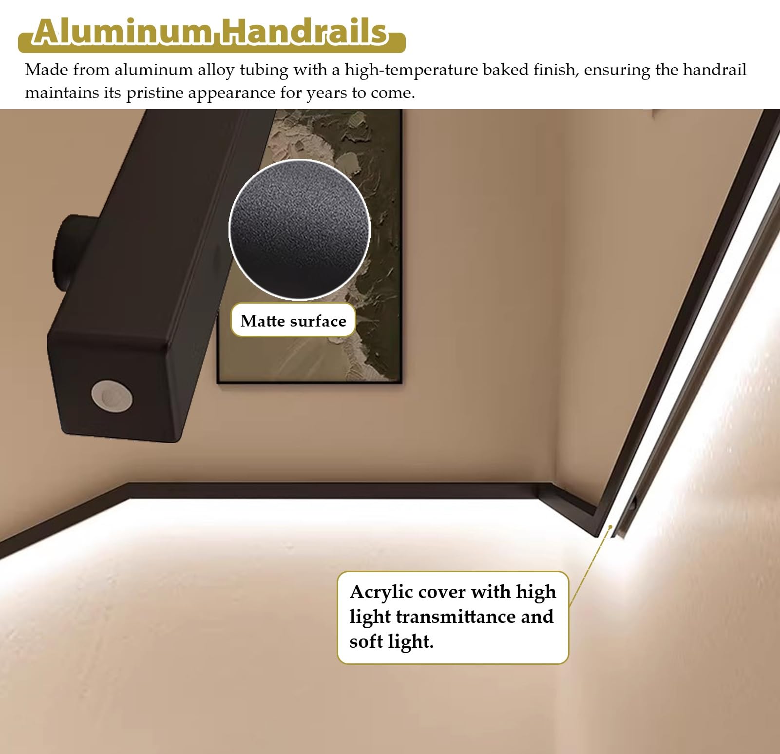 Poręcz LED z czujnikiem ruchu do schodów wewnętrznych, kwadratowa poręcz schodowa z akrylową osłoną, czarne wsporniki poręczy schodowej do wejścia, 1,3 m