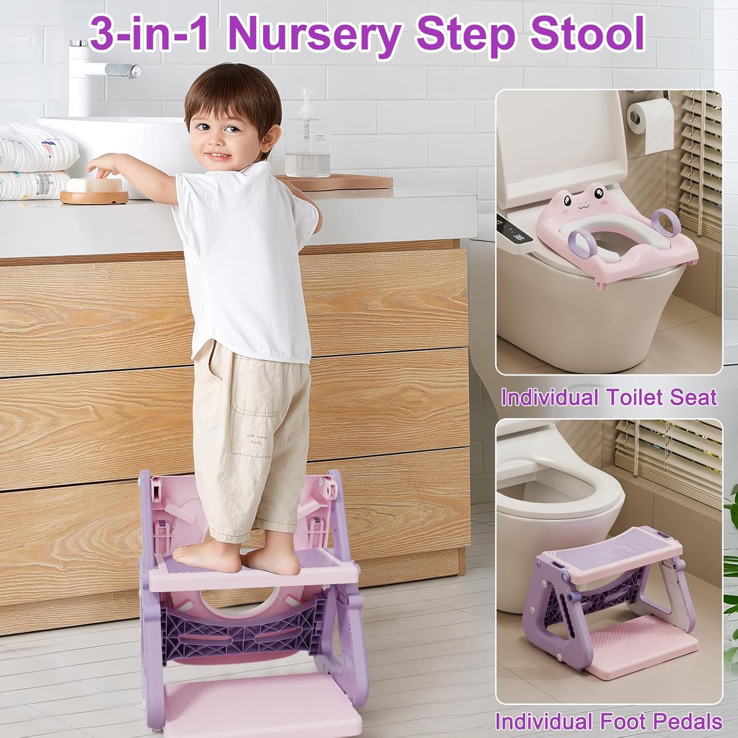 Riduttore Wc Bambini con Scaletta, Stabilizzare Scaletta Wc Per Bambini con Struttura a Triangolo,Scaletta Riduttore Wc per Bambini,Cuscino in PVC Impermeabile,Antiscivolo e Pieghevole,rosa