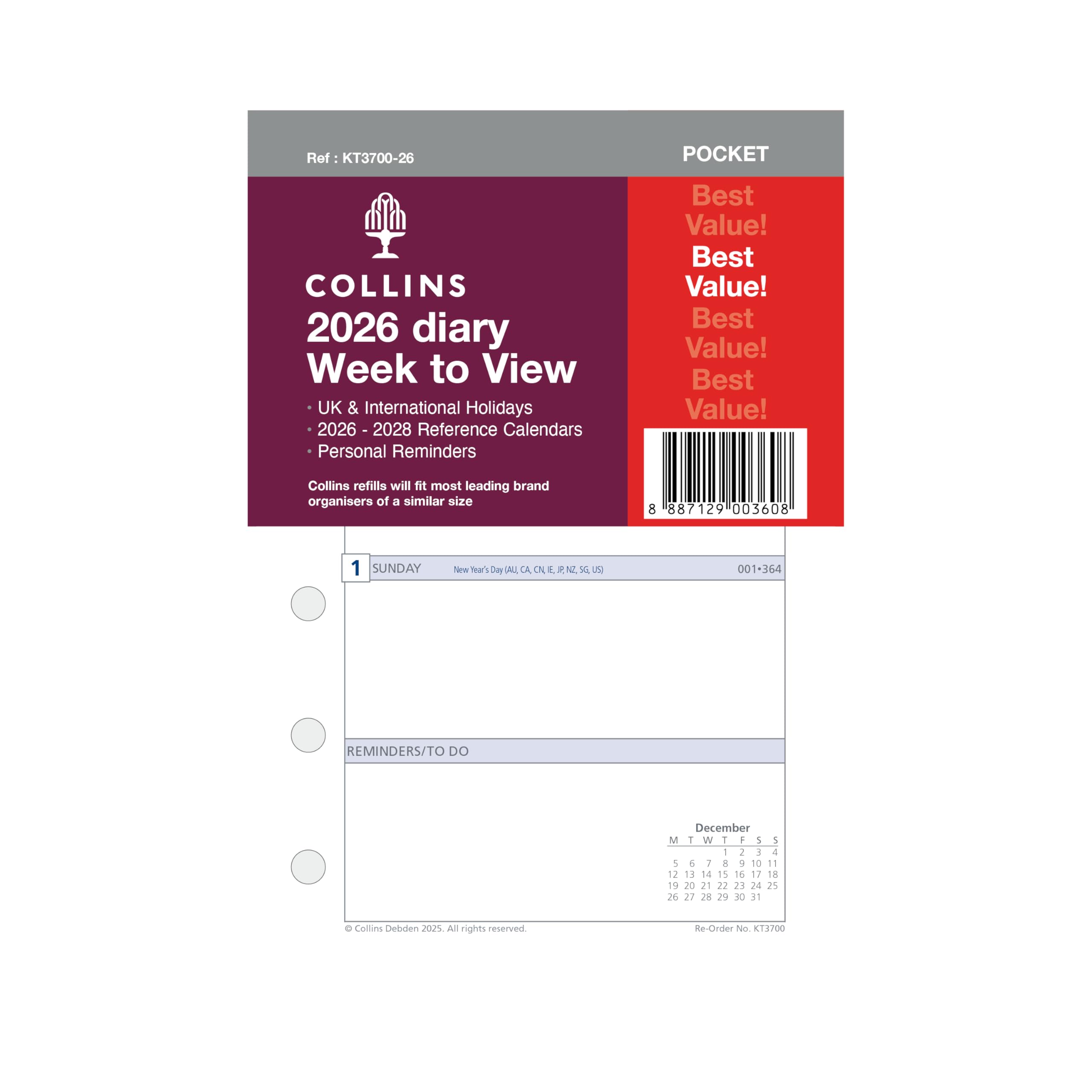 Collins - DayPlanner Refills - 2026 12 Month Calendar Year Planner, Week-To-View Pocket Diary Refill (KT3700-26)