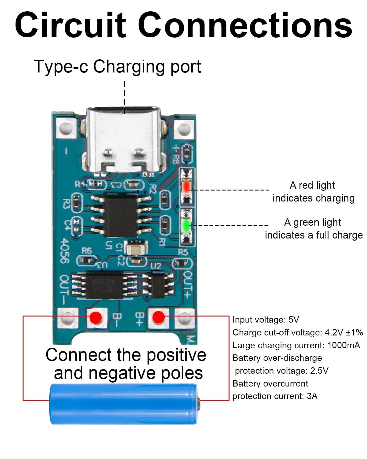 TC4056 Charger Modulo USB-C 5V 1A Caricabatterie Module Protezione Doppia per Batterie Li-ion 18650