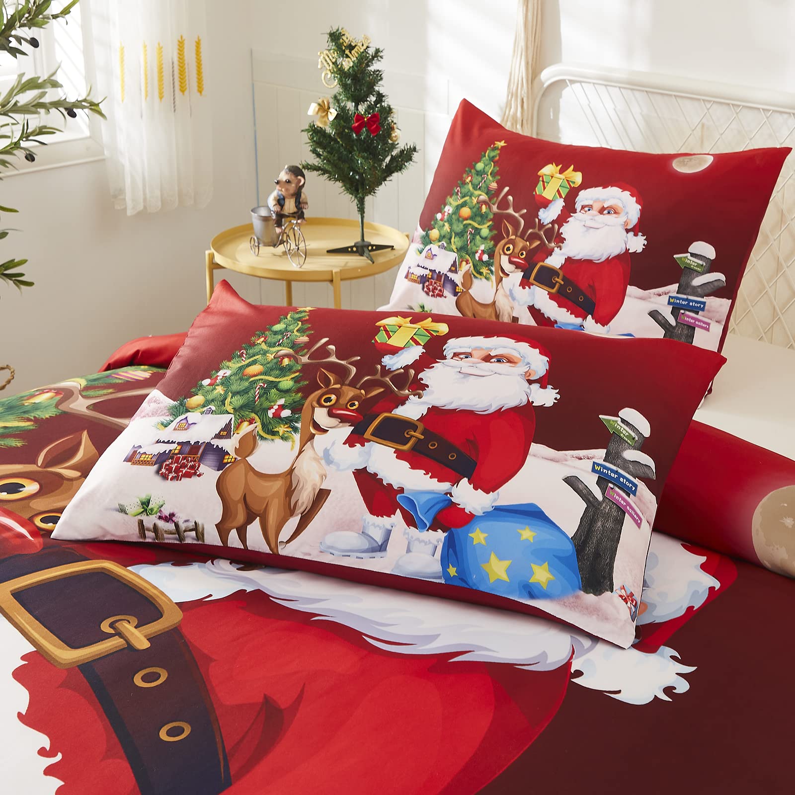 HMtideby Copripiumino Natalizio King Size 240x220cm, Set Biancheria da Letto Copripiumino Natalizio Modello Satus, Copripiumino Rosso per Decorazioni di Capodanno