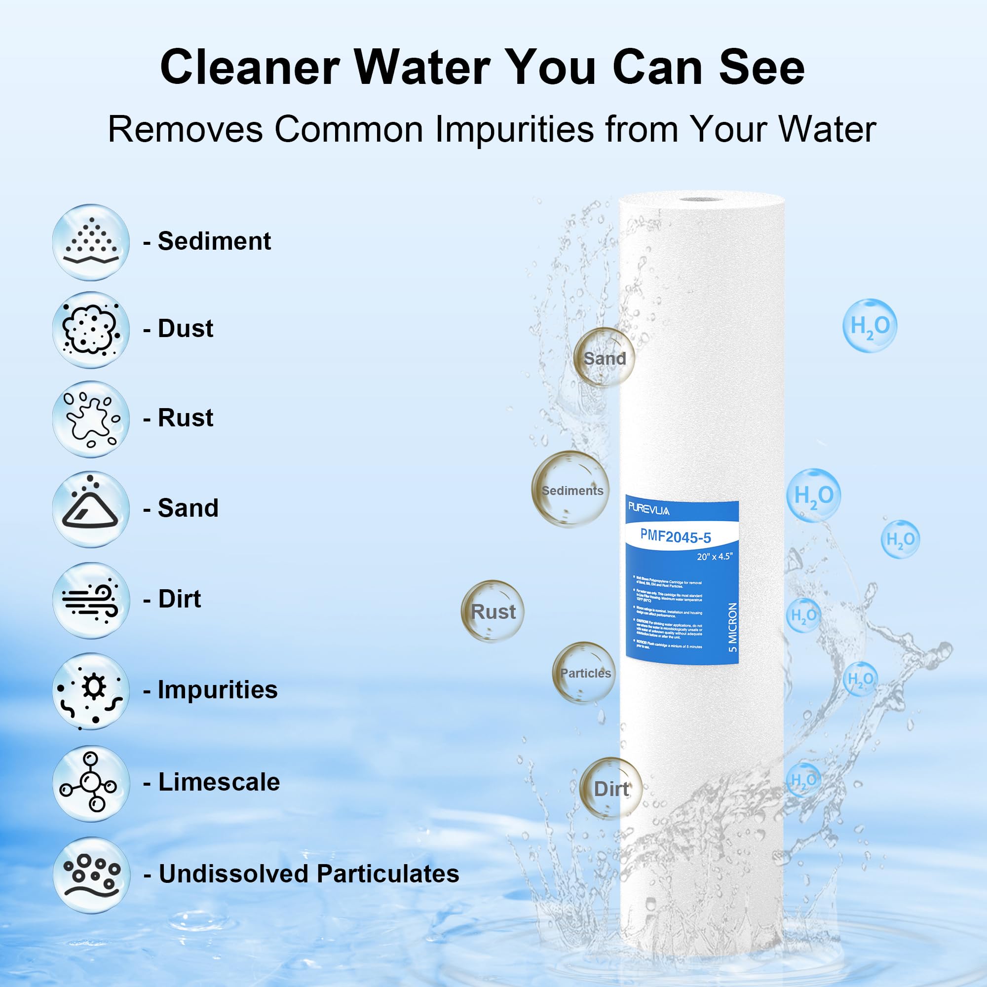 Filtro de sedimentos resistente de 20 x 4.5 pulgadas, cartucho de repuesto de filtro de agua de 5 micras para agua de pozo de sedimentos altos, compatible con cualquier carcasa grande