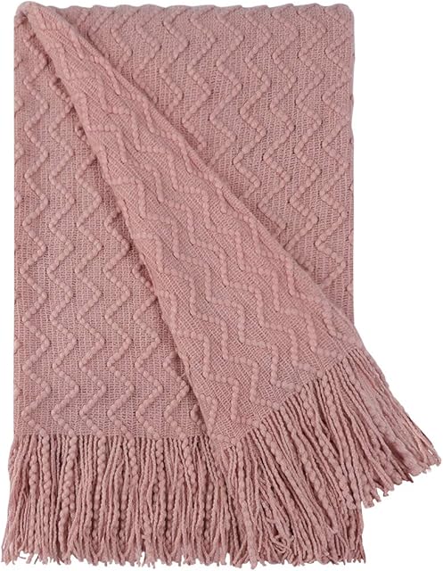 PiccoCasa 100% Acrylic Knit Throw Blanket Wave Pattern Soft Lightweight Decorative Knitted Blanket with Tassels Fringe for Couch, Bed, Sofa, Travel, 50x60 Inch, Pink