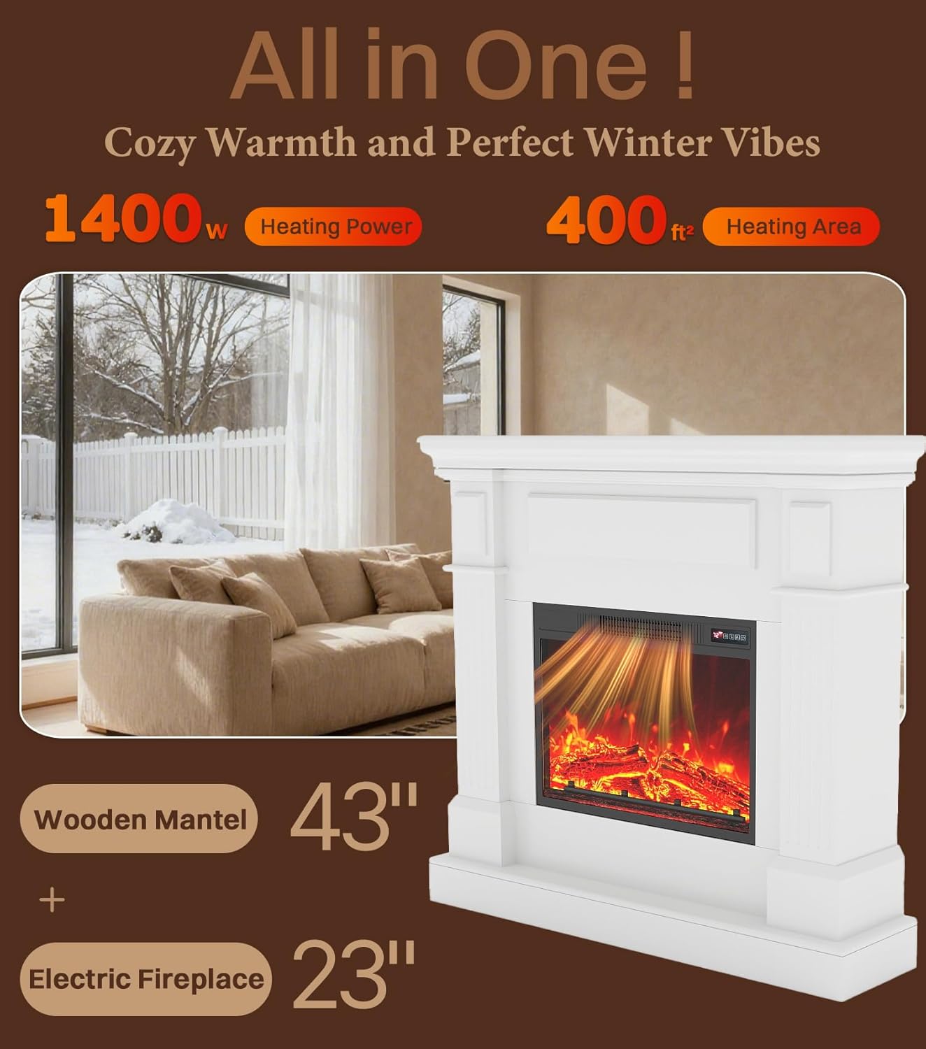 43" Electric Fireplace with Mantel, TV Stand＆Freestanding Fireplace, 23 inch Electric Fireplace Heater with 4 Flame Levels, Remote Control, One Package＆Easy to Set, for Living Room/Bedroom