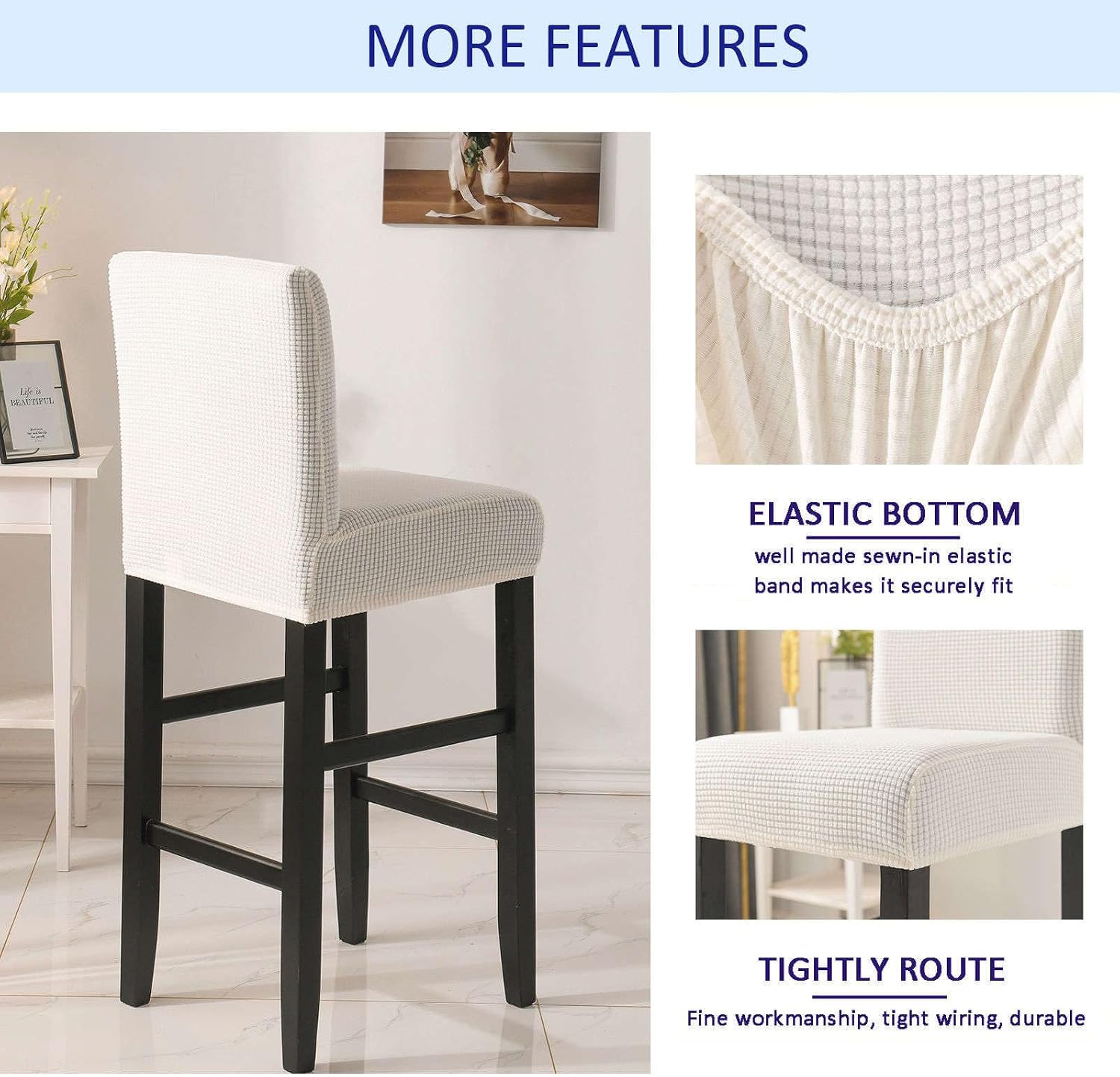 Bar Stool Covers, Plaid Furniture Chair Seat Cover Stretch Barstool Slipcover Dining Chair Covers Machine Washable for Living Room-White-Set of 4