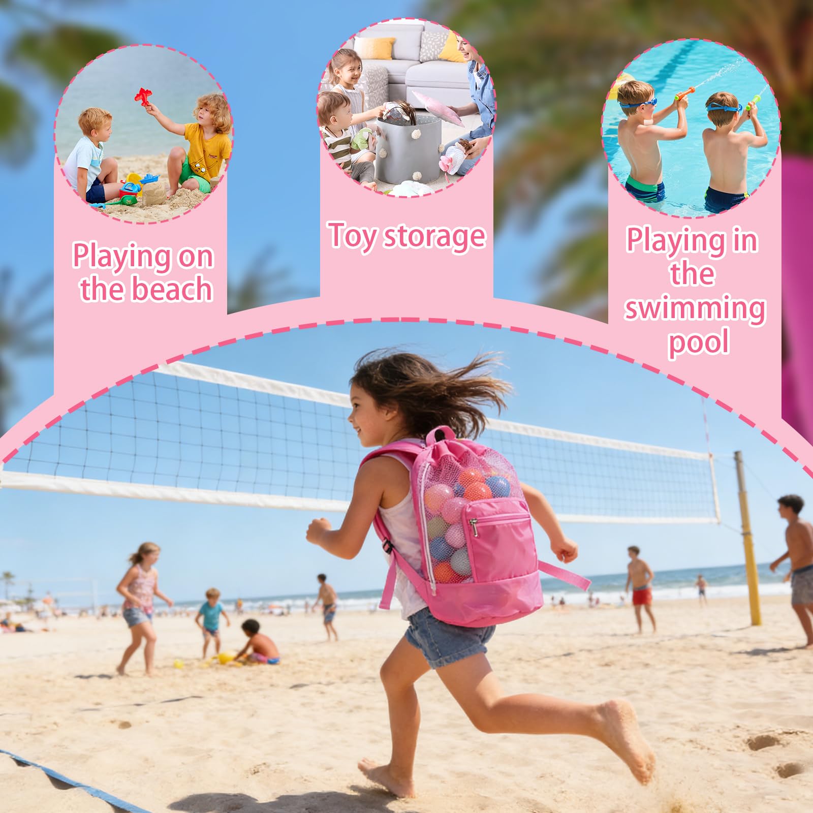 Grande Portatili Pieghevoli Giochi Borsa 48 * 24cm Borsa da Spiaggia Rosa Include 1 Guanto in Tessuto a Rete per Giocattoli di Sabbia per Giochi con Borsai per Spiaggia Vacanze Viaggi