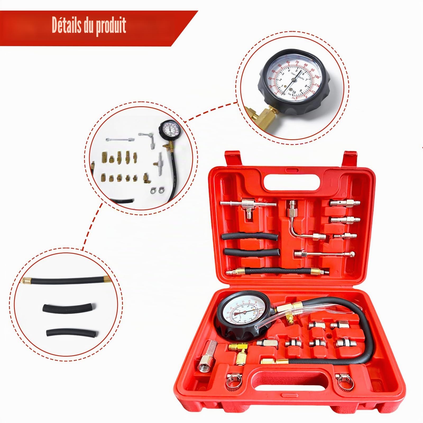 Leikurvo 0-140PSI/10 Bar Testeur de Pression de Carburant Manomètre Testeur de Pression de Carburant Pompe à Essence Kit Testeur de Pression Essence Outil de Diagnostic Détection de Pression de